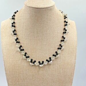 Vintage Retro Beaded Choker Black & AB Crystal Silver Tone Toggle Necklace 18".